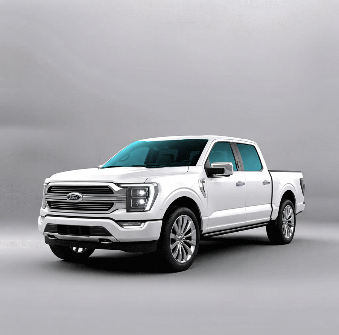 White Ford F-150 crew cab with ceramic tint on all side windows
